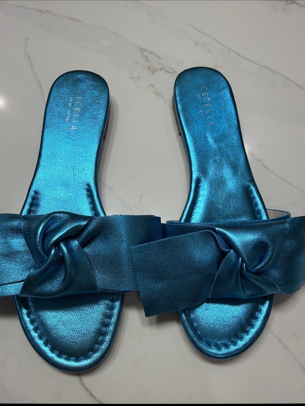 CECILIA NEW YORK Metallic Teal Knot Slide Sandals